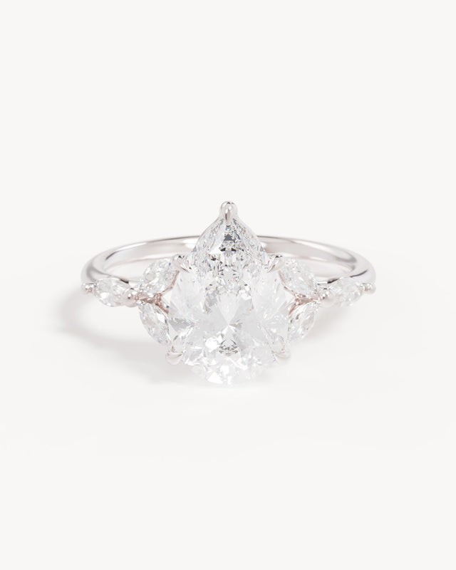 18k Solid White Gold Lotus Bloom Engagement Ring - Pear 2.5ct