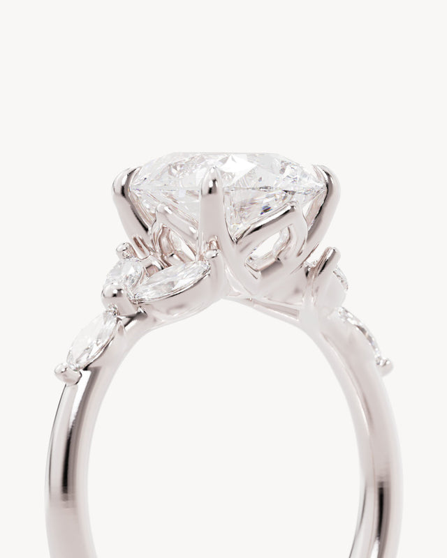 18k Solid White Gold Lotus Bloom Engagement Ring - Pear 2.5ct