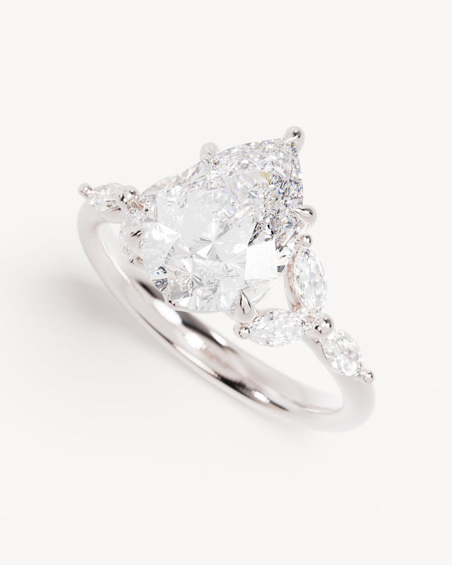 18k Solid White Gold Lotus Bloom Engagement Ring - Pear 2.5ct