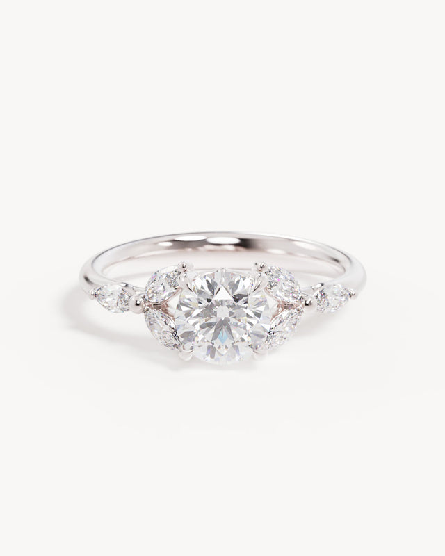 18k Solid White Gold Lotus Bloom Engagement Ring - Round