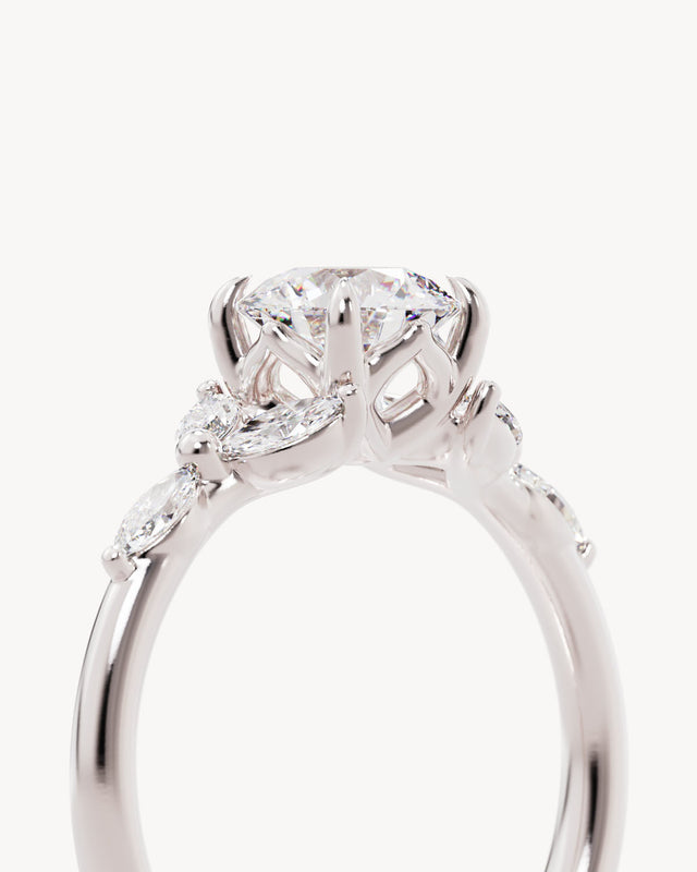 18k Solid White Gold Lotus Bloom Engagement Ring - Round