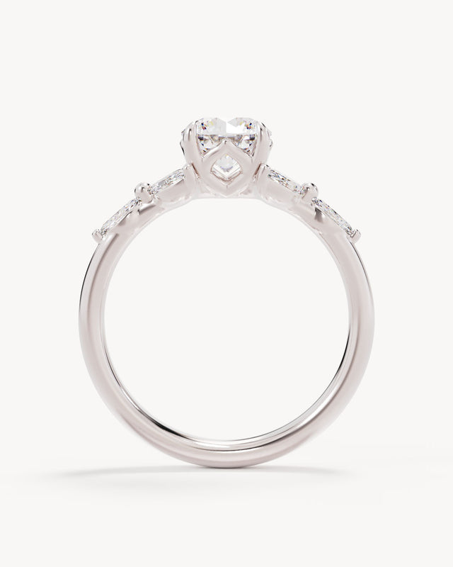 18k Solid White Gold Lotus Bloom Engagement Ring - Round