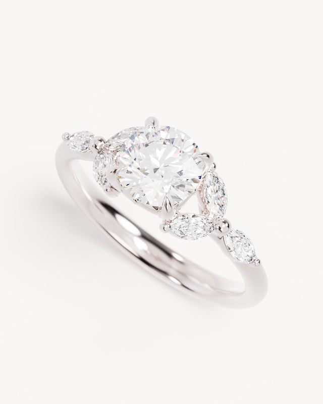 18k Solid White Gold Lotus Bloom Engagement Ring - Round