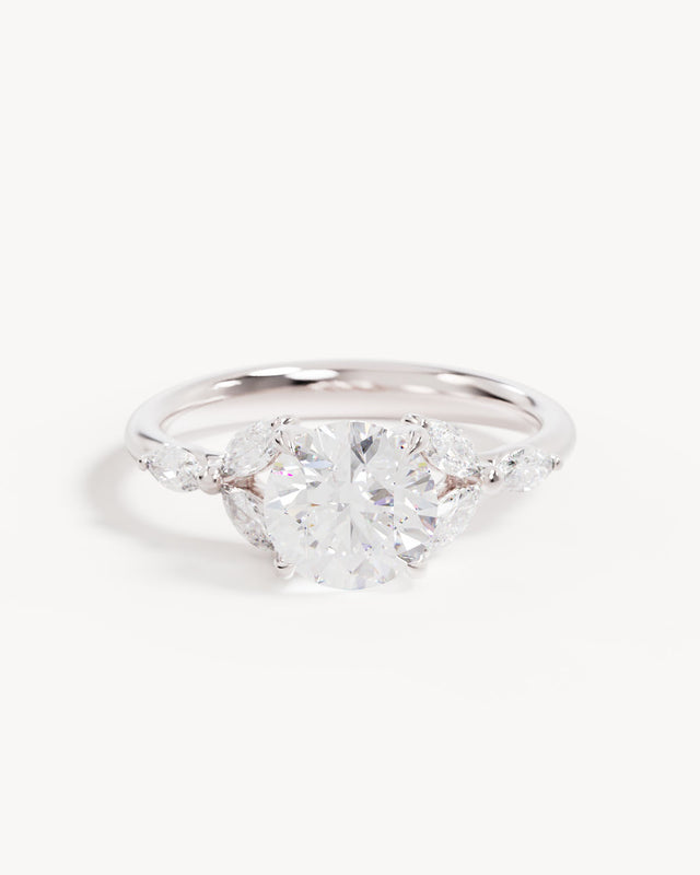 18k Solid White Gold Lotus Bloom Engagement Ring - Round 1.5ct