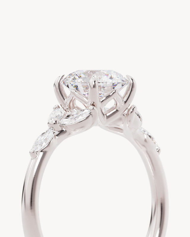 18k Solid White Gold Lotus Bloom Engagement Ring - Round 1.5ct