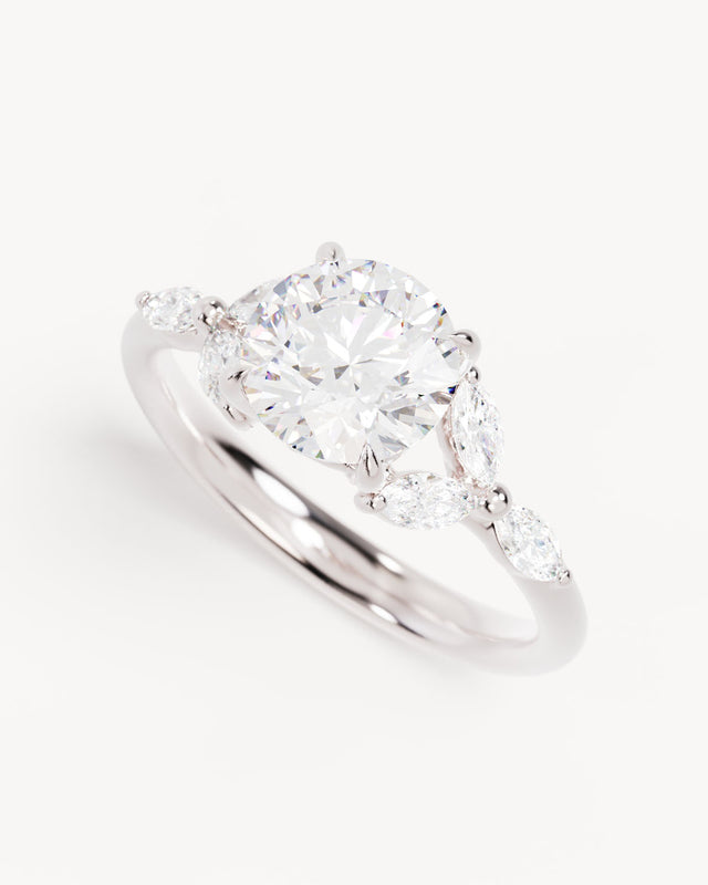 18k Solid White Gold Lotus Bloom Engagement Ring - Round 1.5ct