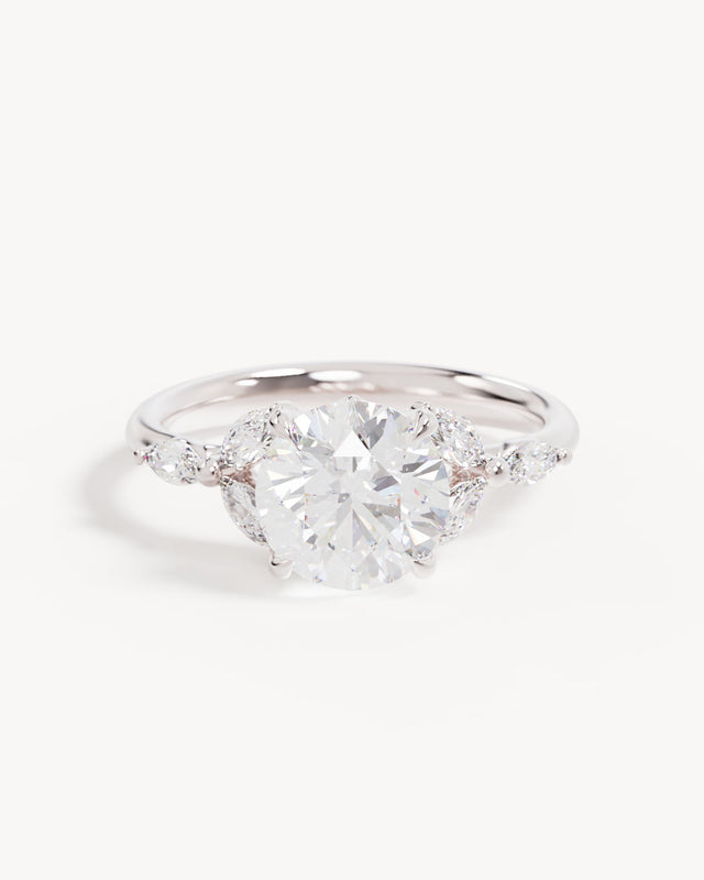 18k Solid White Gold Lotus Bloom Engagement Ring - Round 2ct