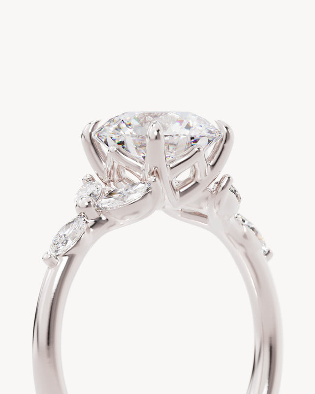 18k Solid White Gold Lotus Bloom Engagement Ring - Round 2ct