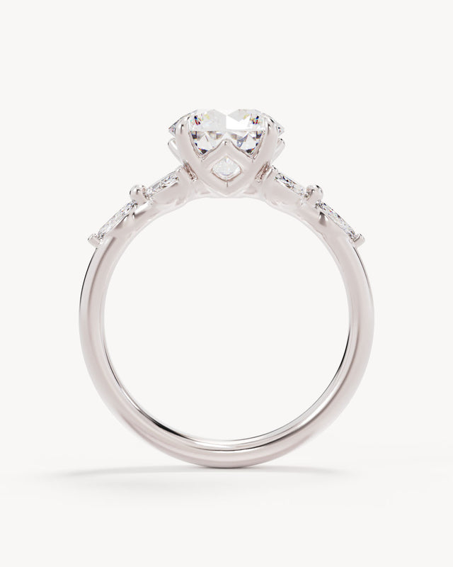 18k Solid White Gold Lotus Bloom Engagement Ring - Round 2ct