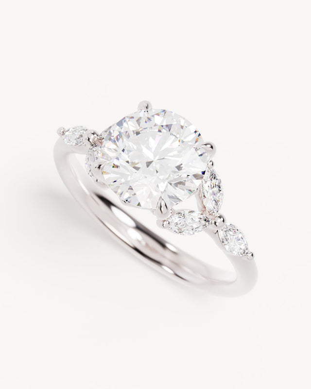 18k Solid White Gold Lotus Bloom Engagement Ring - Round 2ct