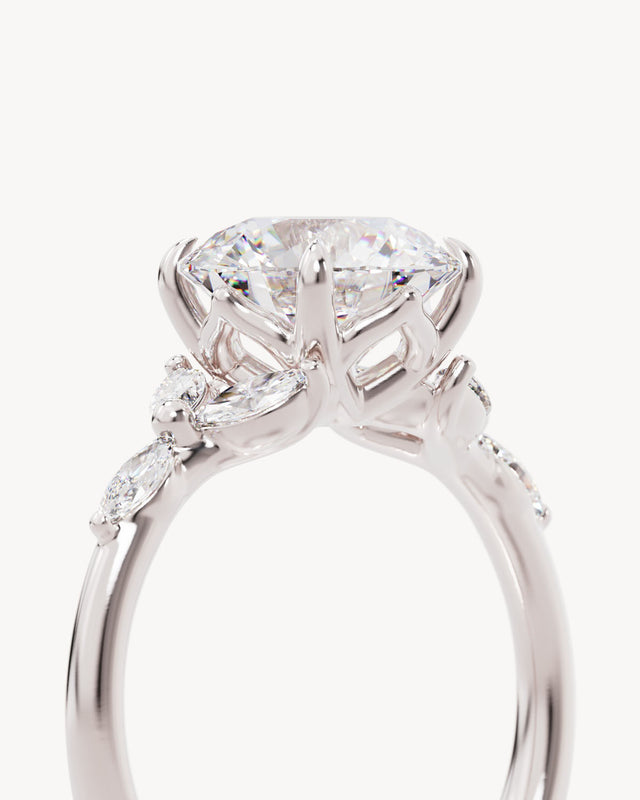 18k Solid White Gold Lotus Bloom Engagement Ring - Round 2.5ct
