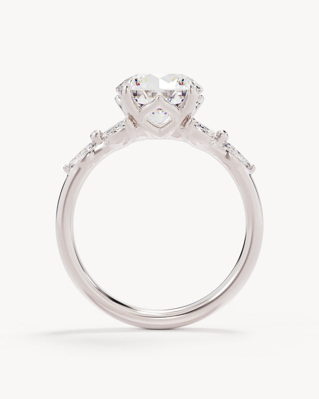 18k Solid White Gold Lotus Bloom Engagement Ring - Round 2.5ct