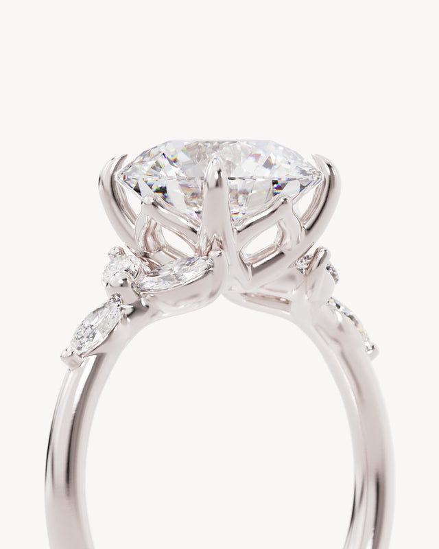 18k Solid White Gold Lotus Bloom Engagement Ring - Round 3ct