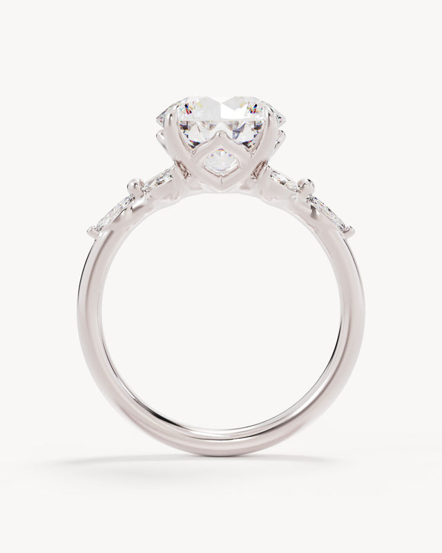 18k Solid White Gold Lotus Bloom Engagement Ring - Round 3ct