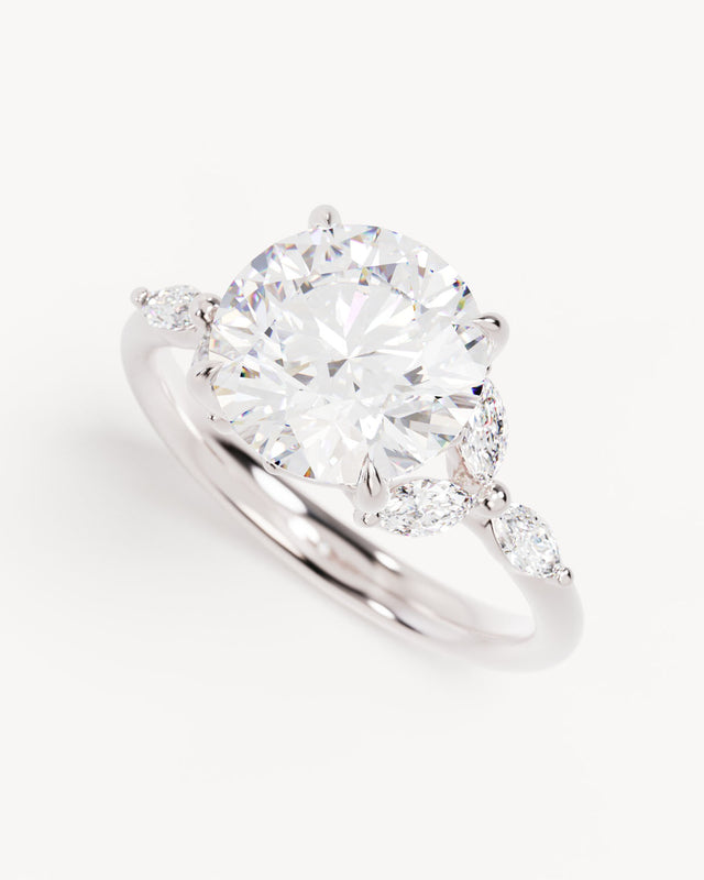 18k Solid White Gold Lotus Bloom Engagement Ring - Round 3ct