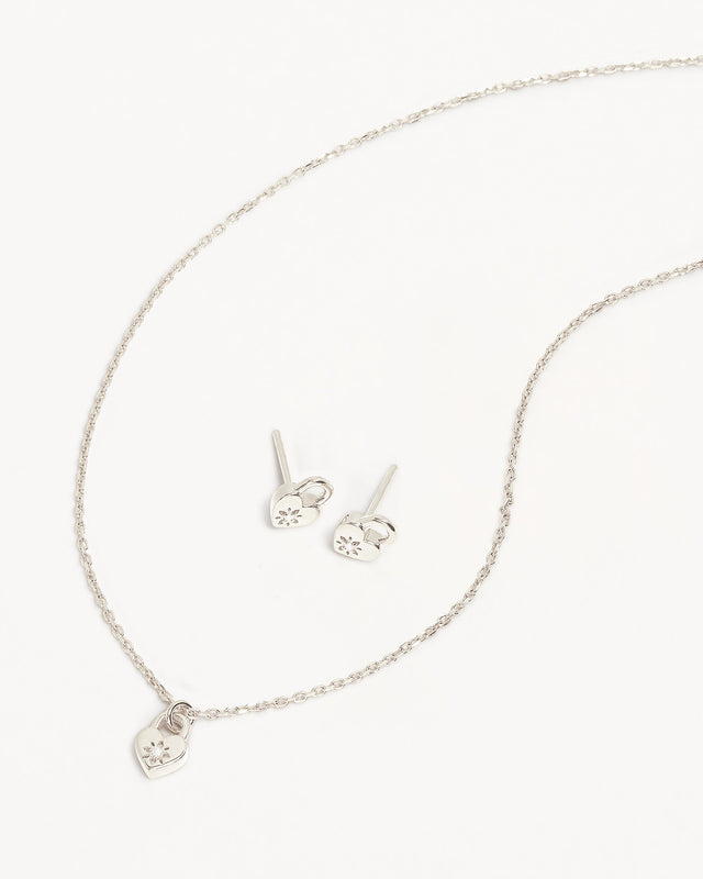 Sterling Silver Crystal Lotus Heart Padlock Gift Set